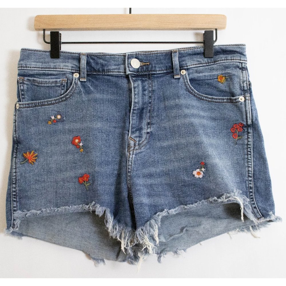 EXPRESS Medium Wash Denim Cutoff Jean Shorts with Wildflower Embroidery - 10
